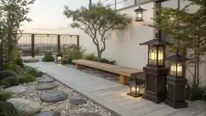 Image d’une terrasse avec jardin zen, lanternes japonaises, banc de bois