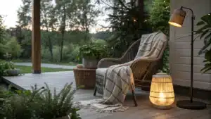 Image d’une terrasse avec un fauteuil cocooning, plaid, lampe, et plantes autour