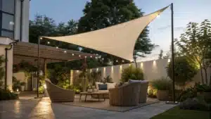 une voile d'ombrage triangulaire sur une terrasse aménagée
